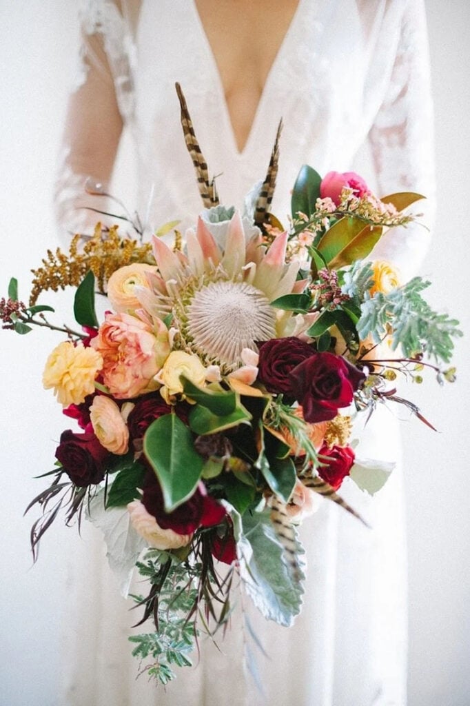 Fall Wedding Bouquet Roses and Feather