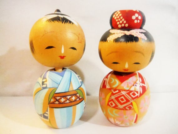 Vintage Kokeshi wedding wedding cake topper man and woman bobbleheads by Soutcentric,