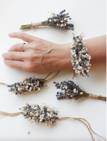 wrist corsage with lavender and baby's breath