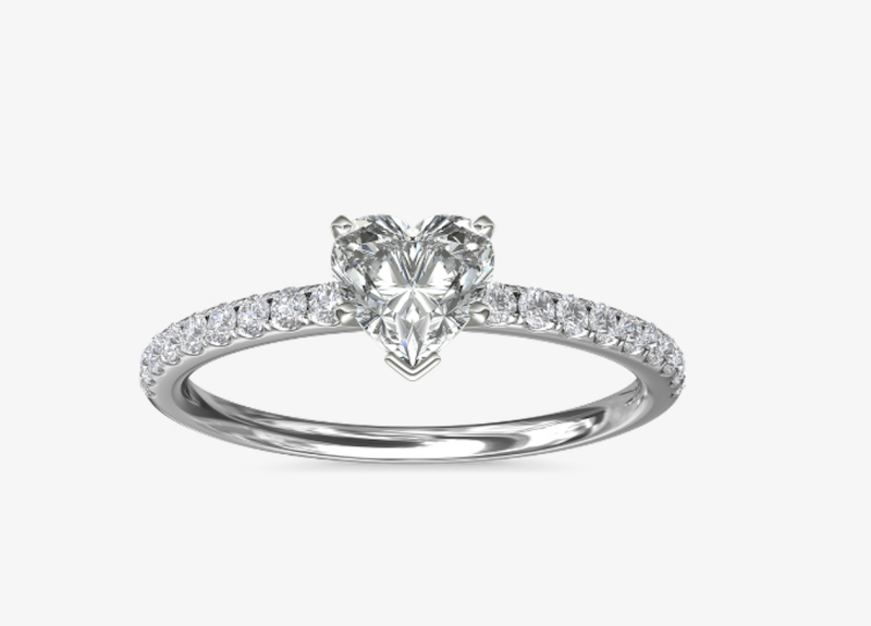 french pave engagement ring with heart diamond